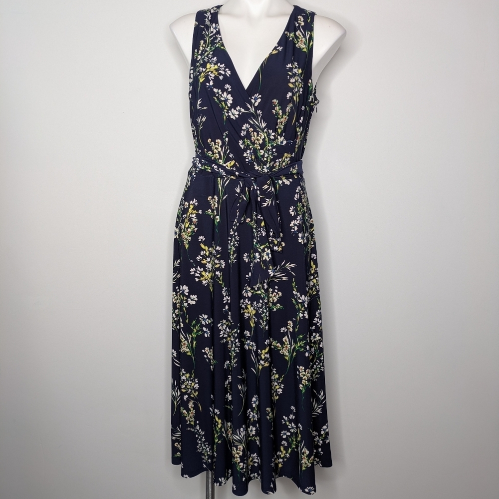 Lauren Ralph Lauren Blue White Yellow Floral Sleeveless Belted V Neck Dress 10